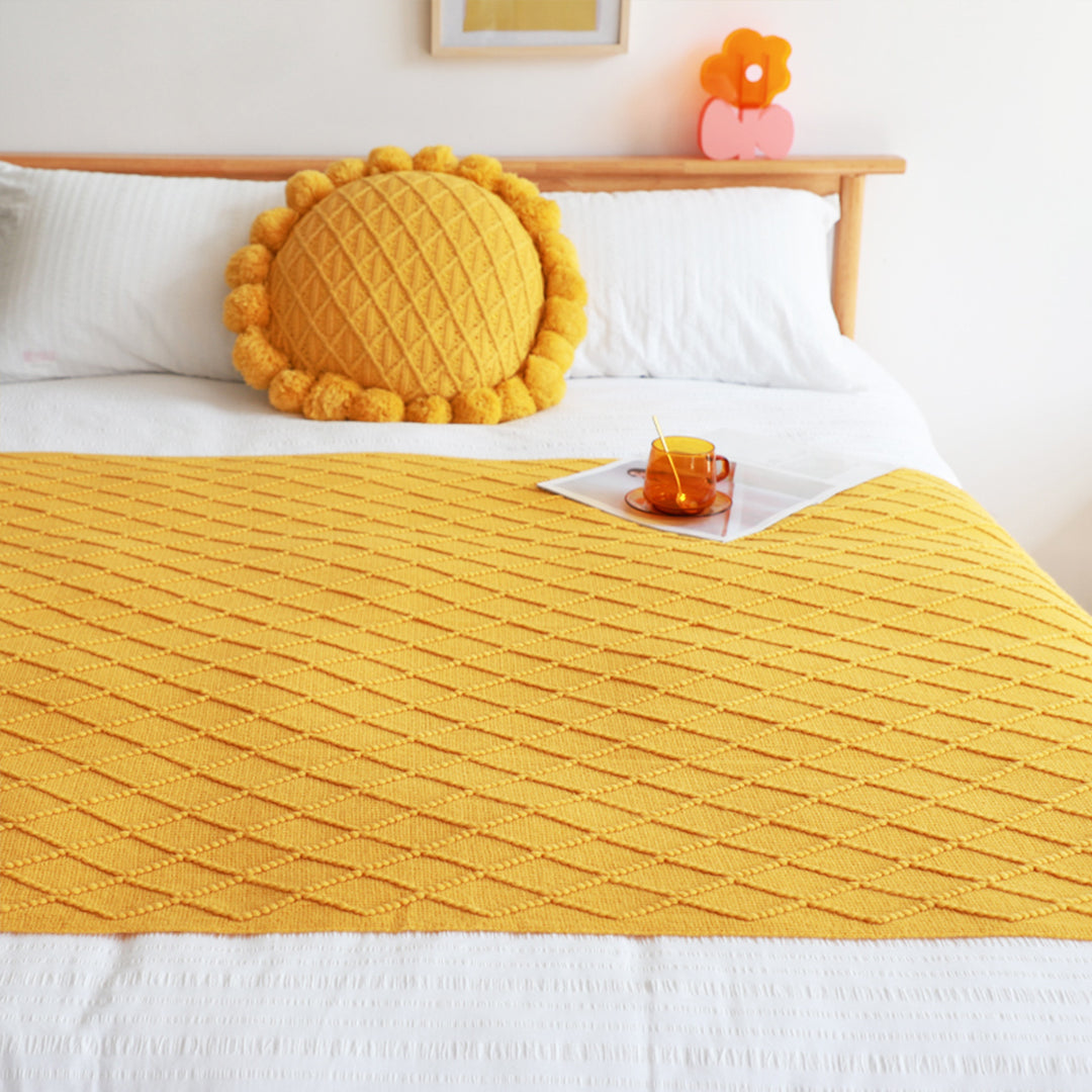 Yellow Diamond Pattern Knitted Throw Blanket Warm Cozy Woven Cover Couch Bed Sofa Home Decor with Tassels