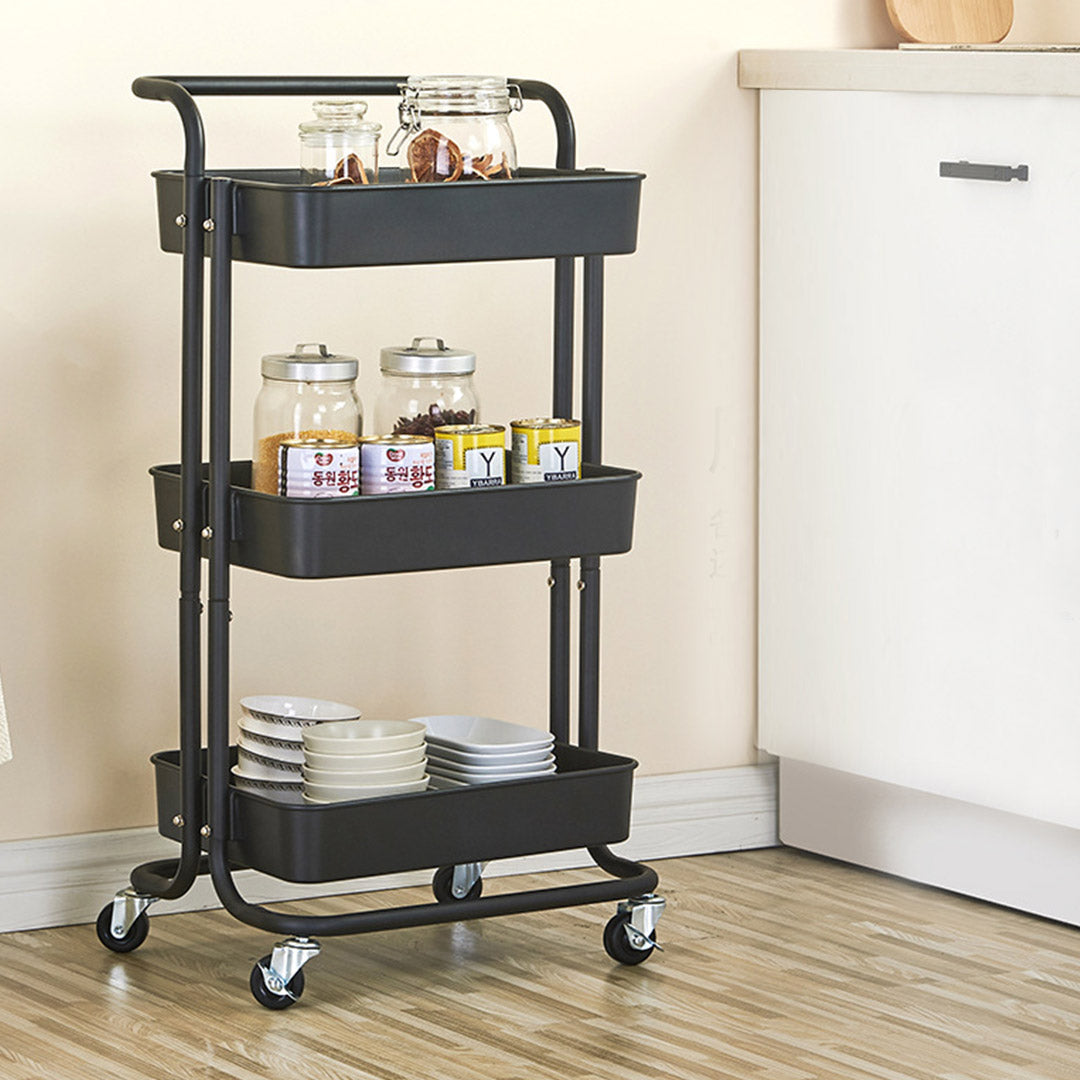 Soga 3 Tier Steel Black Movable Kitchen Cart Multi Functional Shelves Portable Storage Organizer With Wheels