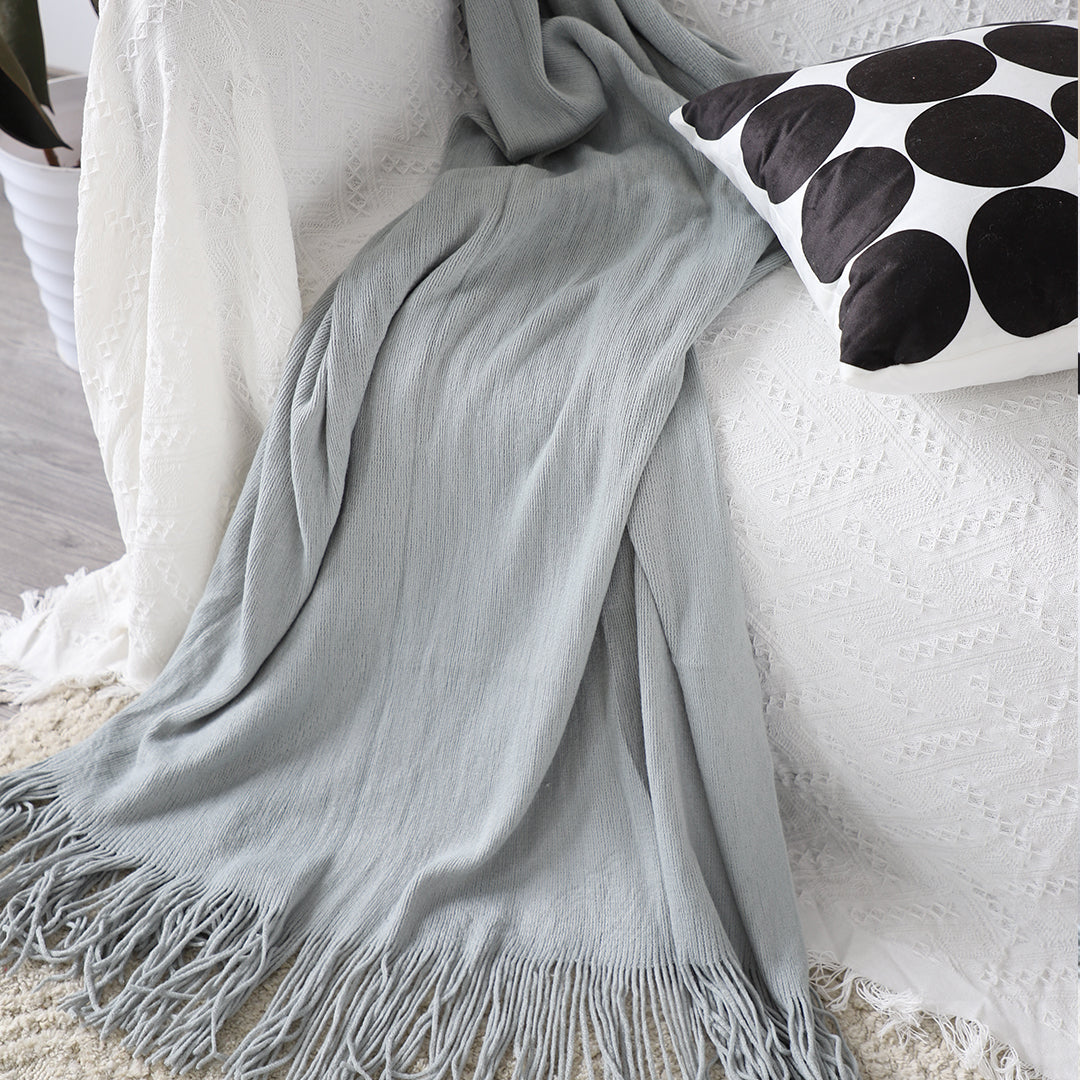 Grey Acrylic Knitted Throw Blanket Solid Fringed Warm Cozy Woven Cover Couch Bed Sofa Home Decor
