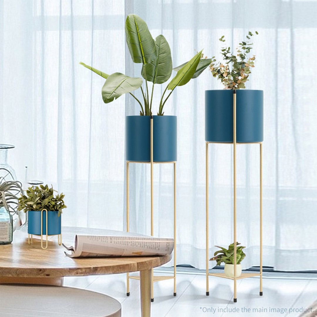 Soga 4 X 2 Layer 65cm Gold Metal Plant Stand With Blue Flower Pot Holder Corner Shelving Rack Indoor Display