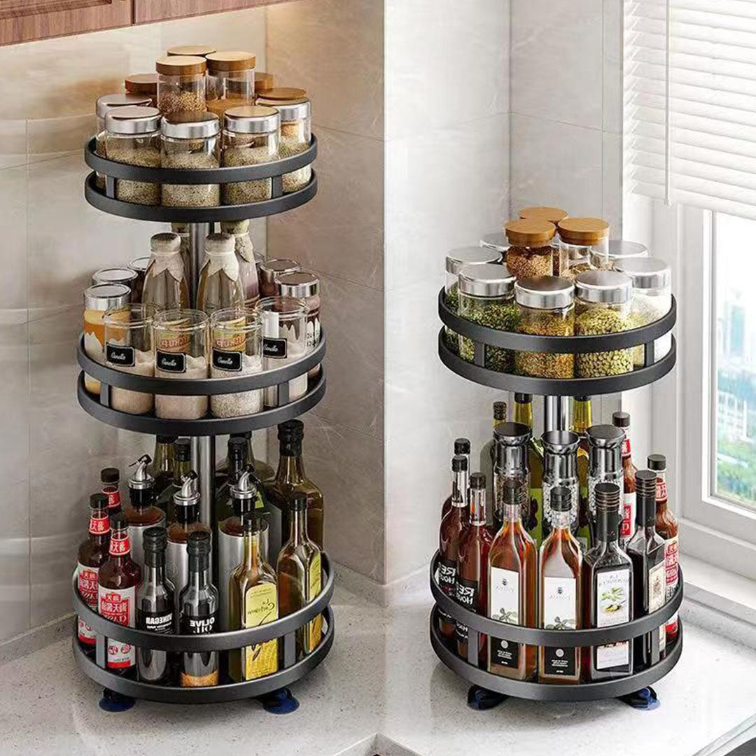 2 Tier Steel Black Round Rotating Multi-Function Kitchen Portable Storage Spice Seasoning Kitchen Countertop Organiser Shelf