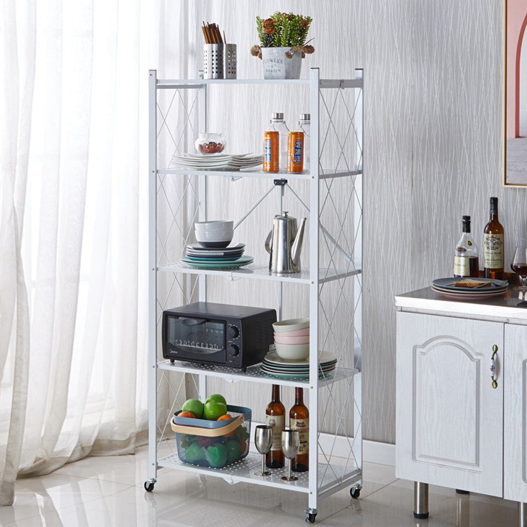 5 Tier Steel White Foldable Kitchen Cart Multi-Functional Shelves Portable Storage Organizer with Wheels