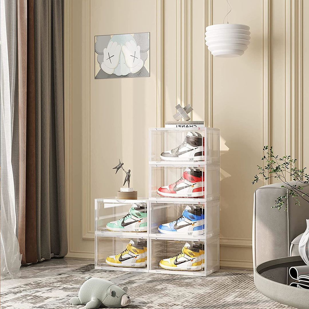 2X 4 Tier Transparent Portable Shoe Organiser Sneaker Footwear Folding Plastic Bin Stackable Storage Box with Magnetic Door