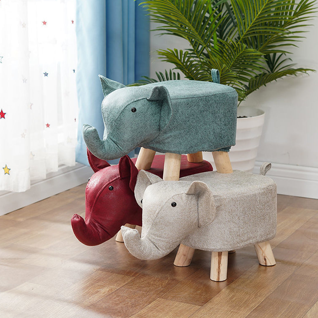 Red Children Bench Elephant Character Round Ottoman Stool Soft Small Comfy Seat Home Decor