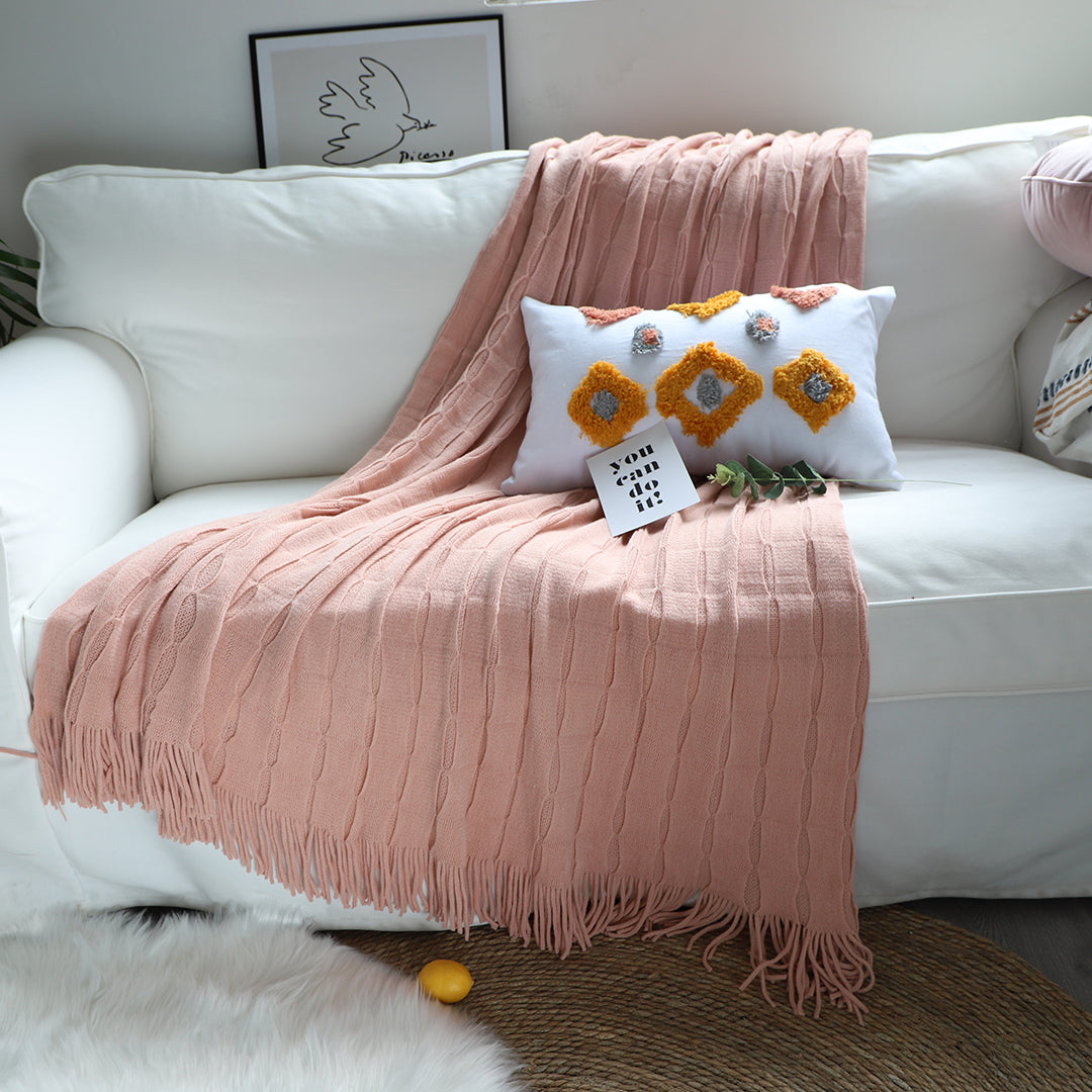 Pink Textured Knitted Throw Blanket Warm Cozy Woven Cover Couch Bed Sofa Home Decor with Tassels