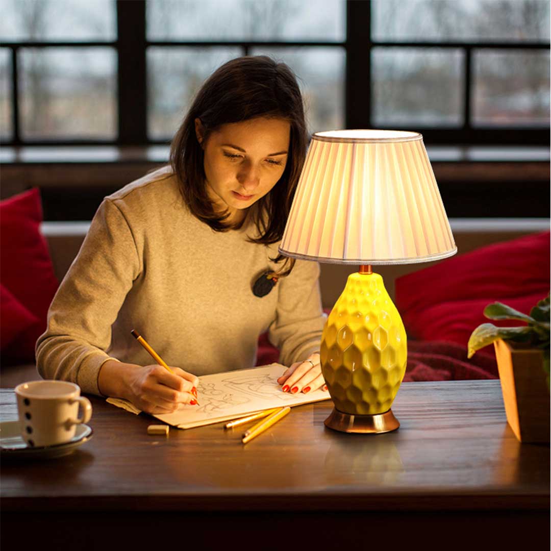 Soga Textured Ceramic Oval Table Lamp With Gold Metal Base Yellow