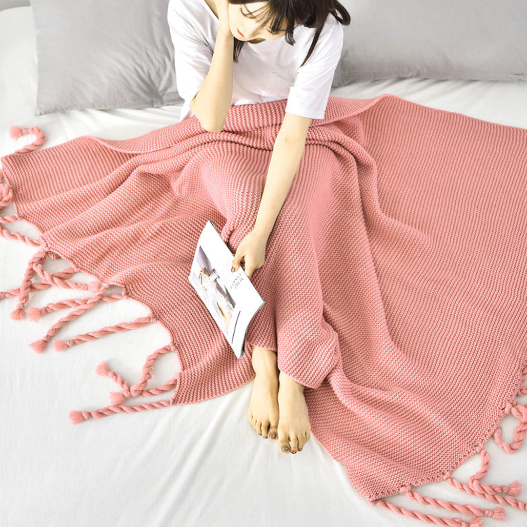 Pink Tassel Fringe Knitting Blanket Warm Cozy Woven Cover Couch Bed Sofa Home Decor
