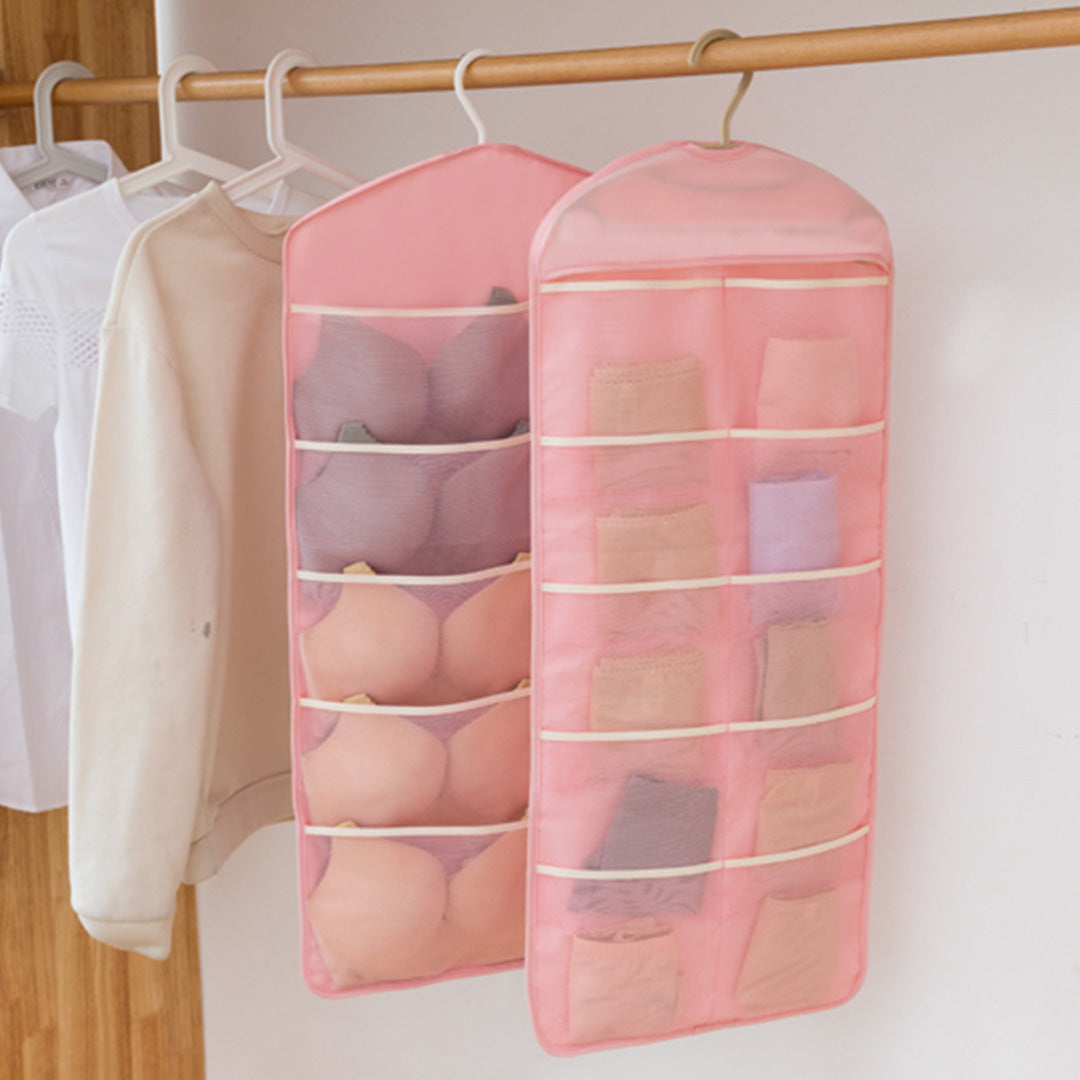 2X Pink Double Sided Hanging Storage Bag Underwear Bra Socks Mesh Pocket Hanger Home Organiser