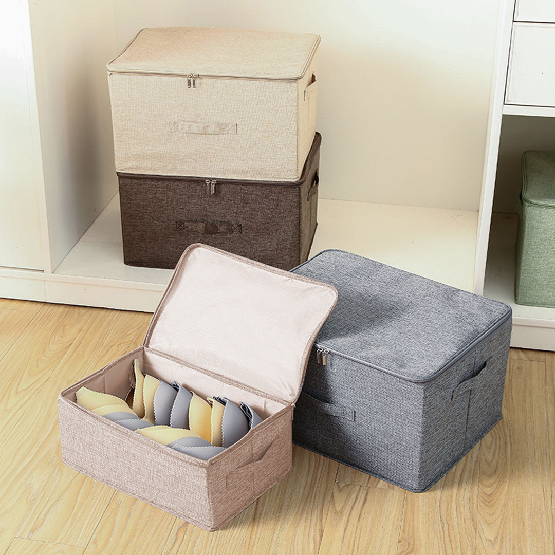2X Beige Small Portable Double Zipper Storage Box Moisture Proof Clothes Basket Foldable Home Organiser