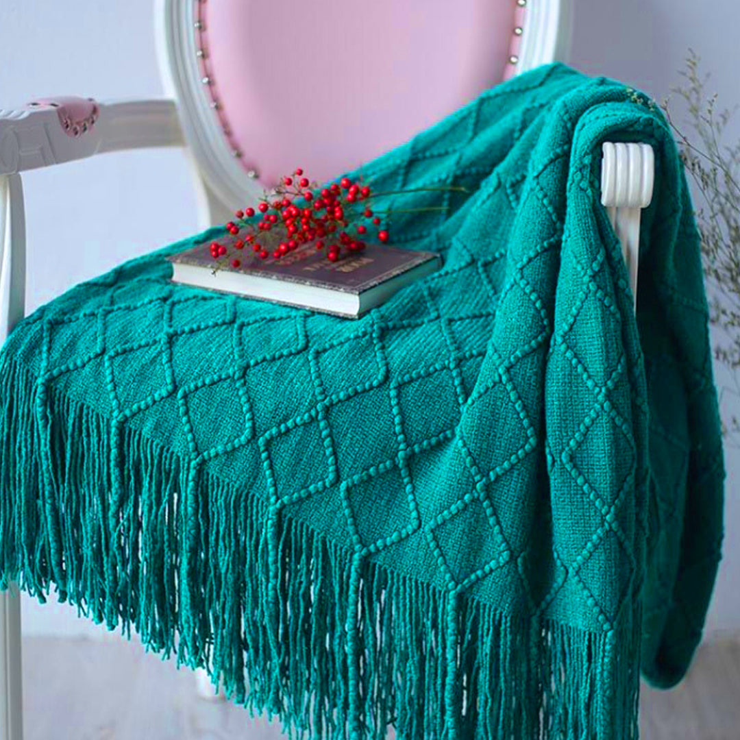 Teal Diamond Pattern Knitted Throw Blanket Warm Cozy Woven Cover Couch Bed Sofa Home Decor with Tassels