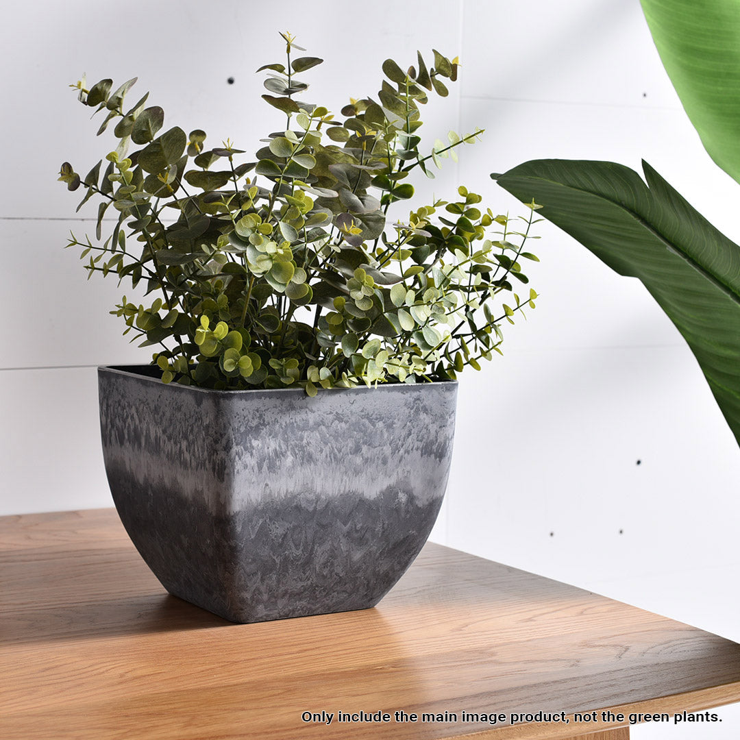 Soga 2 X 32cm Weathered Grey Square Resin Plant Flower Pot In Cement Pattern Planter Cachepot For Indoor Home Office