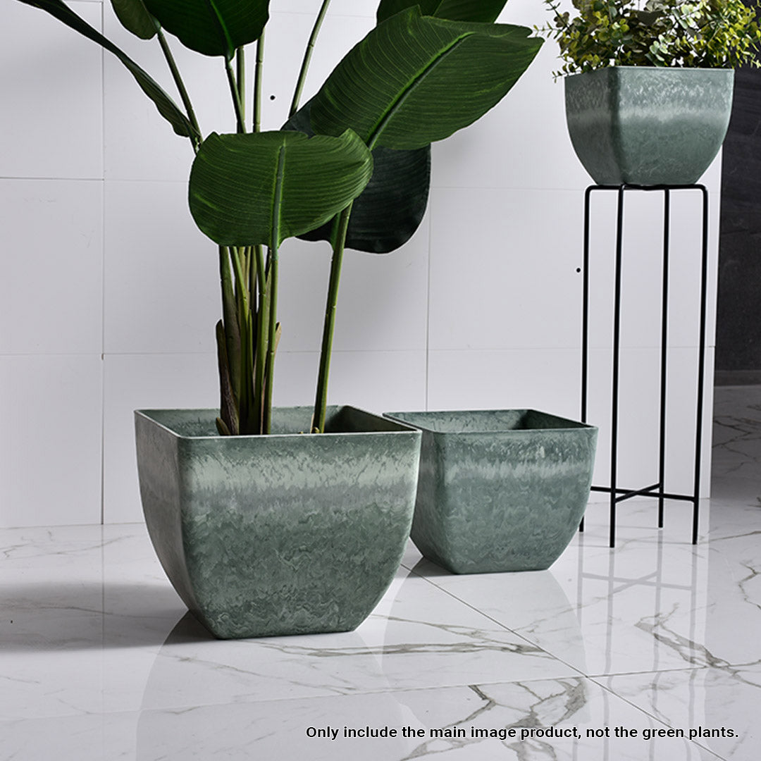Soga 2 X 32cm Green Grey Square Resin Plant Flower Pot In Cement Pattern Planter Cachepot For Indoor Home Office