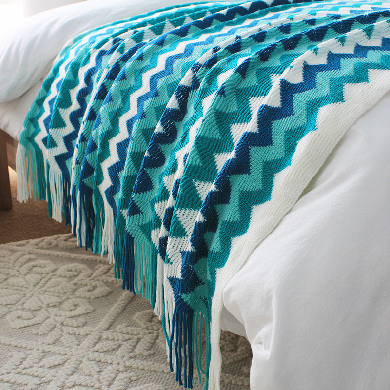 170cm Blue Zigzag Striped Throw Blanket Acrylic Wave Knitted Fringed Woven Cover Couch Bed Sofa Home Decor