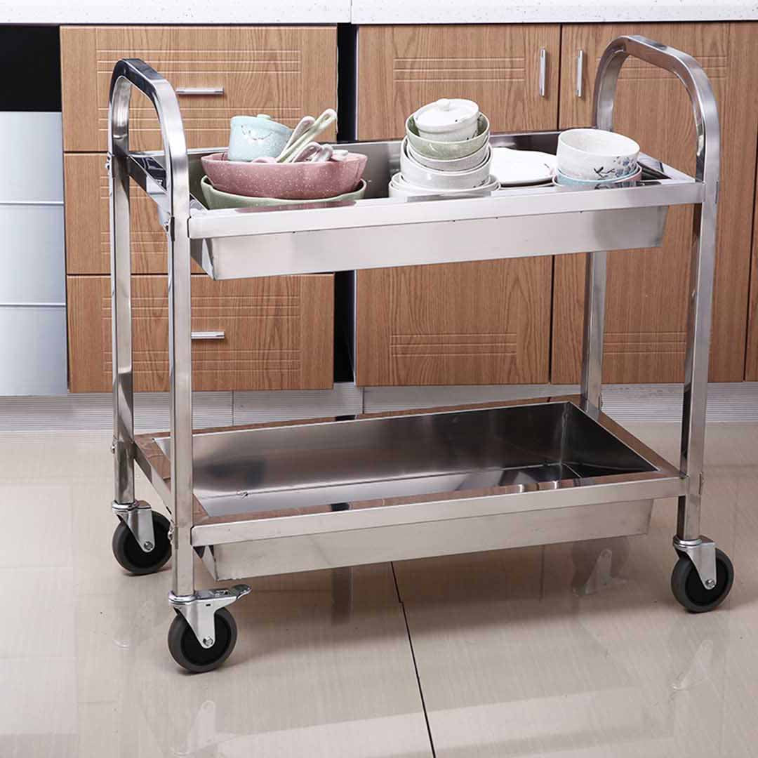 Soga 2 Tier 95x50x95cm Stainless Steel Kitchen Trolley Bowl Collect Service Food Cart Large