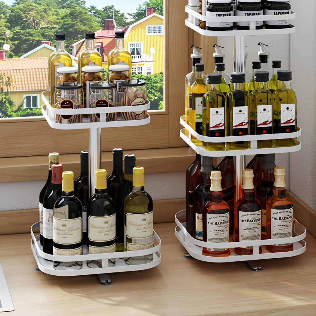 2X 2 Tier Steel White Square Rotating Multi-Function Kitchen Portable Storage Spice Seasoning Kitchen Countertop Organiser Shelf