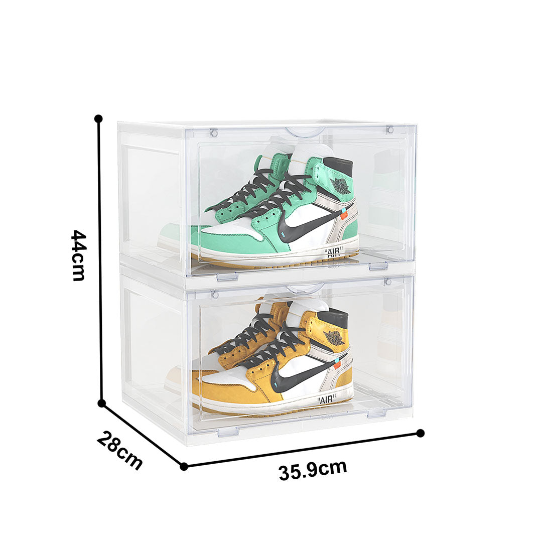 2X 2 Tier Transparent Portable Shoe Organiser Sneaker Footwear Folding Plastic Bin Stackable Storage Box with Magnetic Door