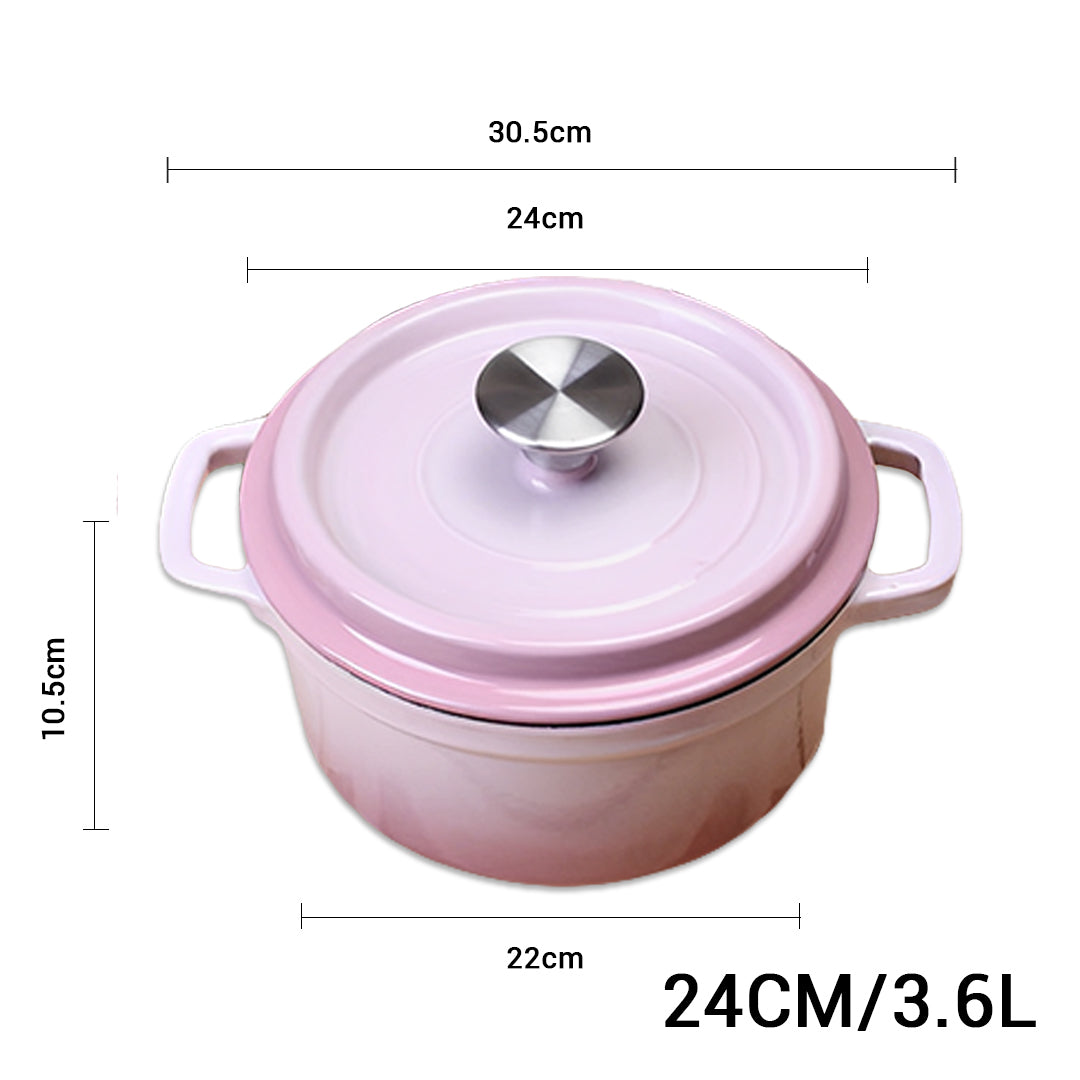 24cm Pink Cast Iron Ceramic Stewpot Casserole Stew Cooking Pot With Lid