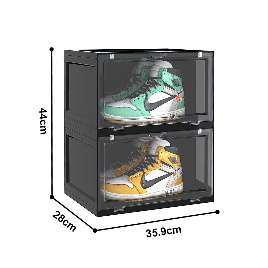 2X 2 Tier Black Portable Shoe Organiser Sneaker Footwear Folding Plastic Bin Stackable Storage Box with Magnetic Door