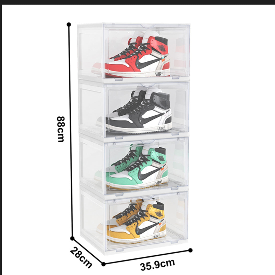 2X 4 Tier Transparent Portable Shoe Organiser Sneaker Footwear Folding Plastic Bin Stackable Storage Box with Magnetic Door