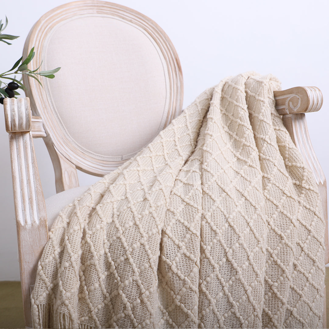 Beige Diamond Pattern Knitted Throw Blanket Warm Cozy Woven Cover Couch Bed Sofa Home Decor with Tassels