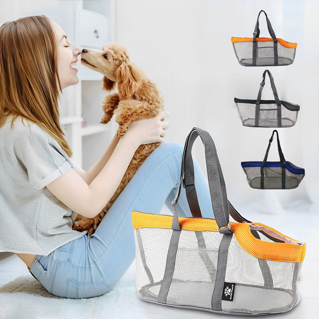 Grey Pet Carrier Bag Breathable Net Mesh Tote Pouch Dog Cat Travel Essentials