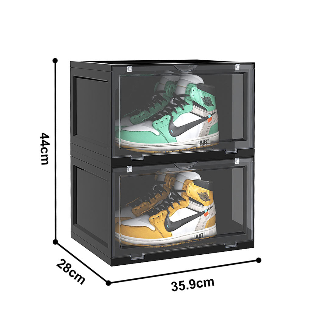 2 Tier Black Portable Shoe Organiser Sneaker Footwear Folding Plastic Bin Stackable Storage Box with Magnetic Door