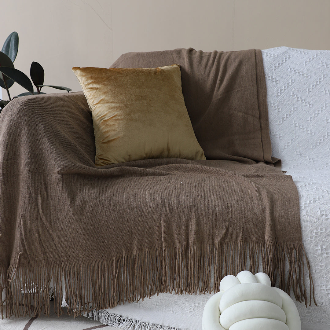 Coffee Acrylic Knitted Throw Blanket Solid Fringed Warm Cozy Woven Cover Couch Bed Sofa Home Decor