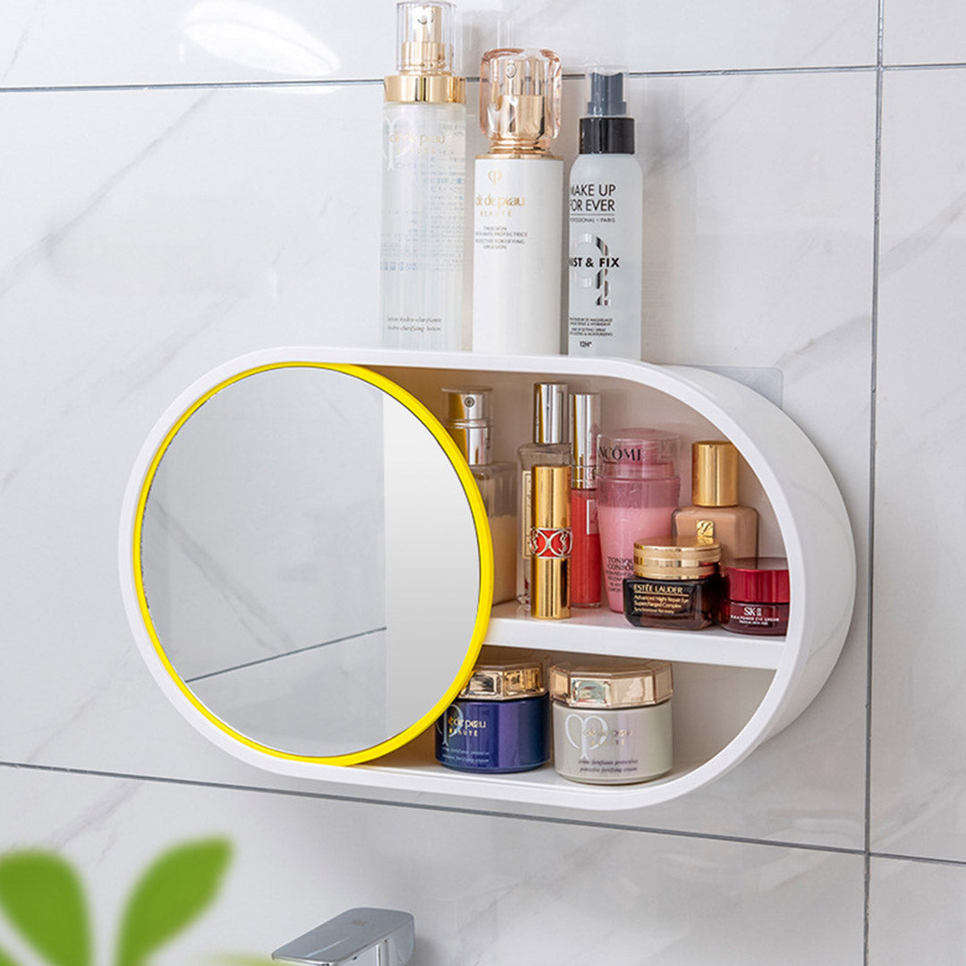 2X 39cm Oval Wall-Mounted Mirror Storage Box Vanity Mirror Rack Bathroom Adhesive Shelf Home Organiser Decor