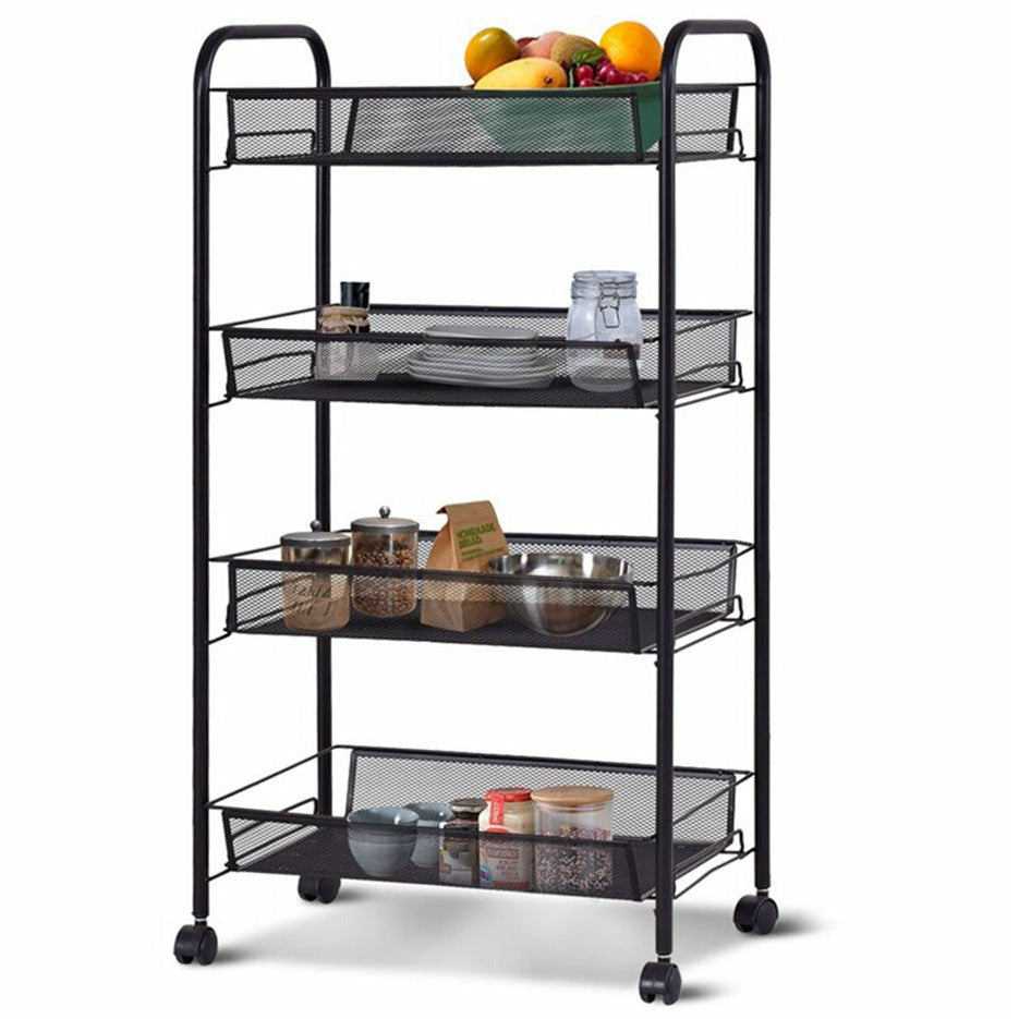 Soga 4 Tier Steel Black Bee Mesh Kitchen Cart Multi Functional Shelves Portable Storage Organizer With Wheels