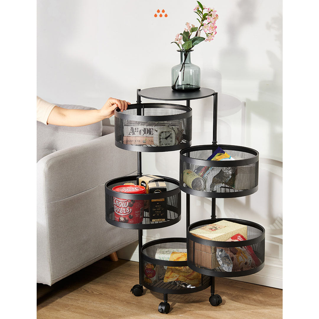 Soga 5 Tier Steel Round Rotating Kitchen Cart Multi Functional Shelves Portable Storage Organizer With Wheels
