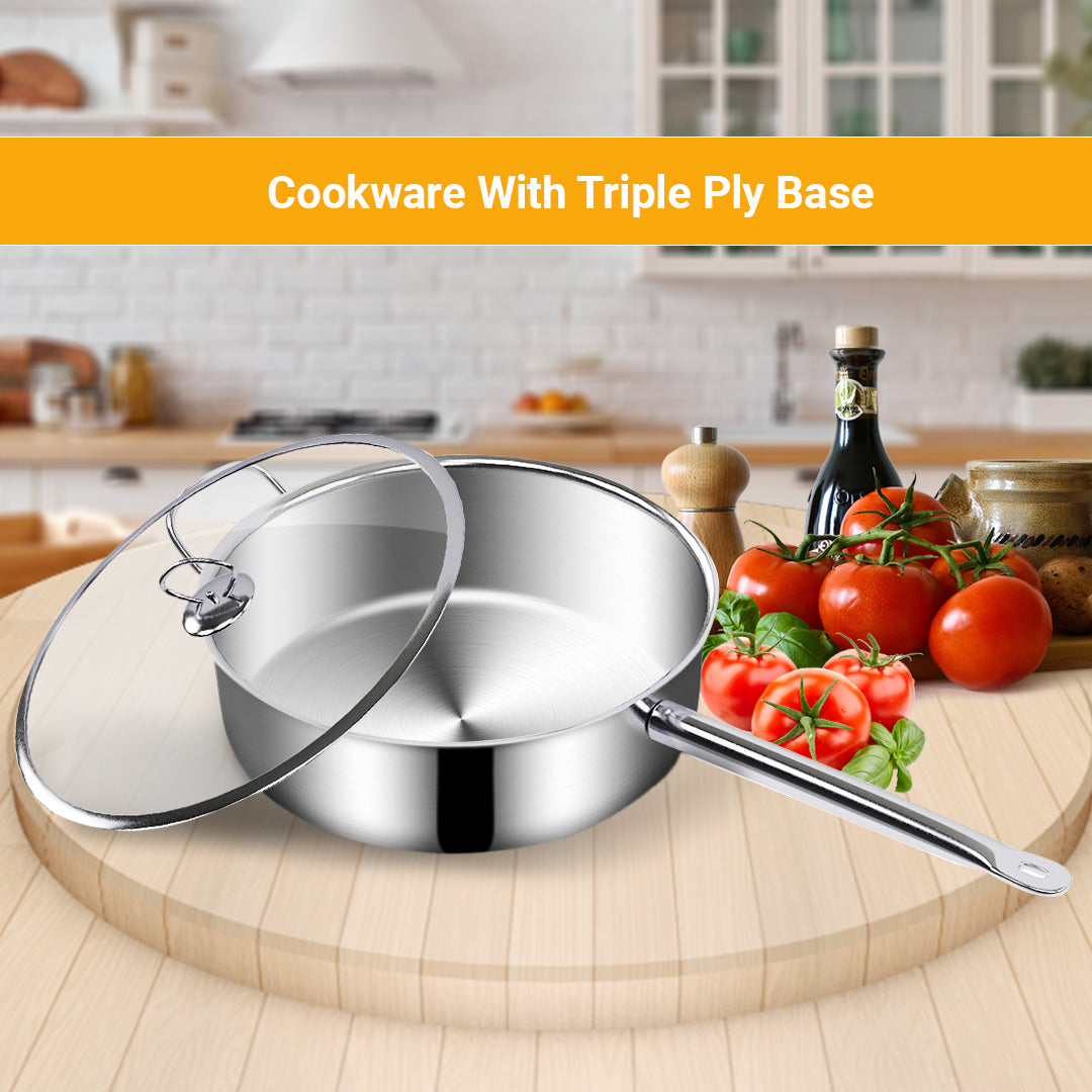 Soga 32cm Stainless Steel Saucepan Sauce Pan With Glass Lid And Helper Handle Triple Ply Base Cookware