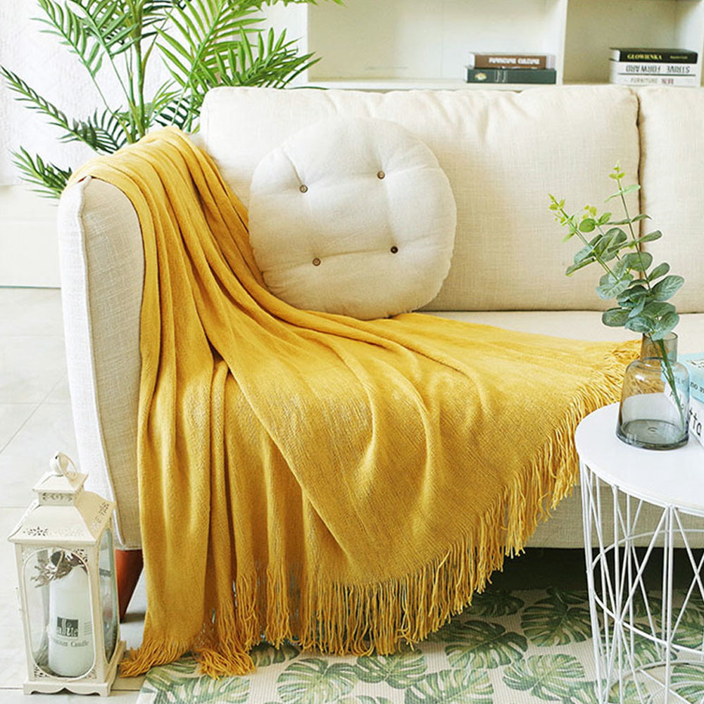 Yellow Acrylic Knitted Throw Blanket Solid Fringed Warm Cozy Woven Cover Couch Bed Sofa Home Decor