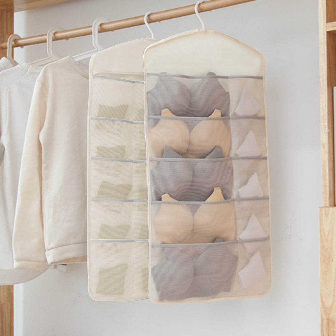 2X White Double Sided Hanging Storage Bag Underwear Bra Socks Mesh Pocket Hanger Home Organiser