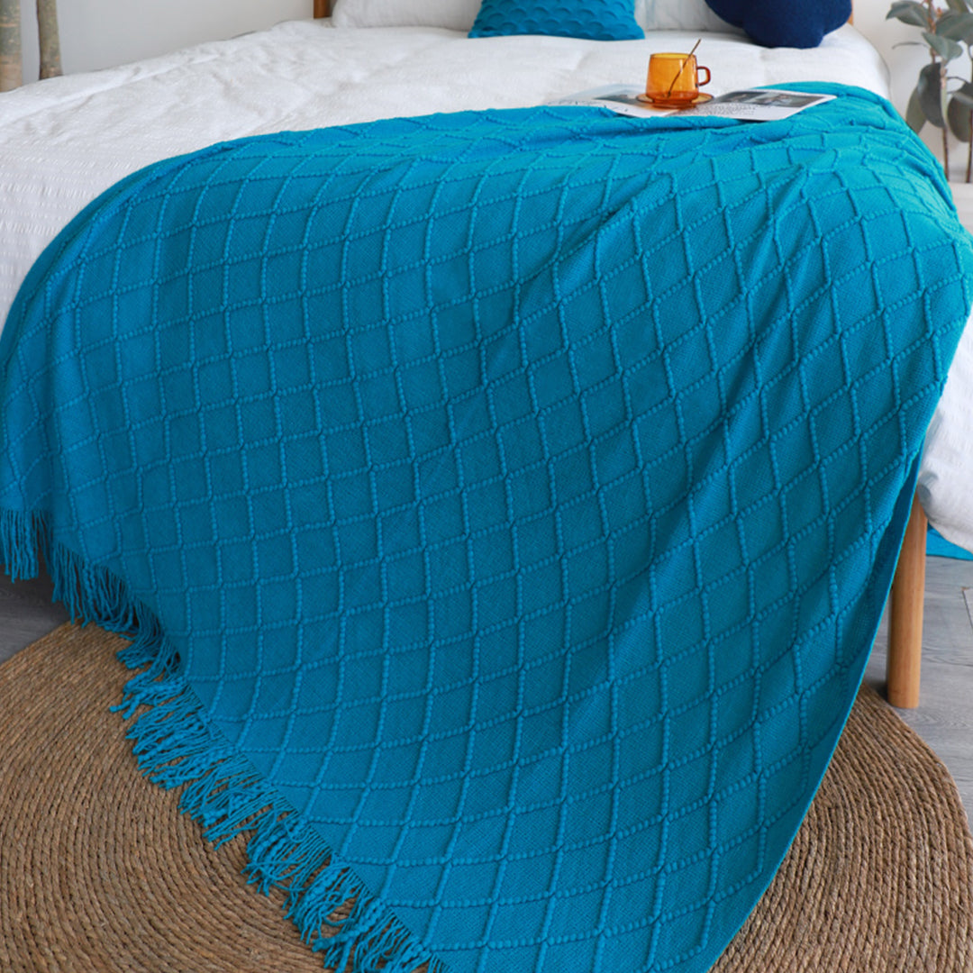 Blue Diamond Pattern Knitted Throw Blanket Warm Cozy Woven Cover Couch Bed Sofa Home Decor with Tassels