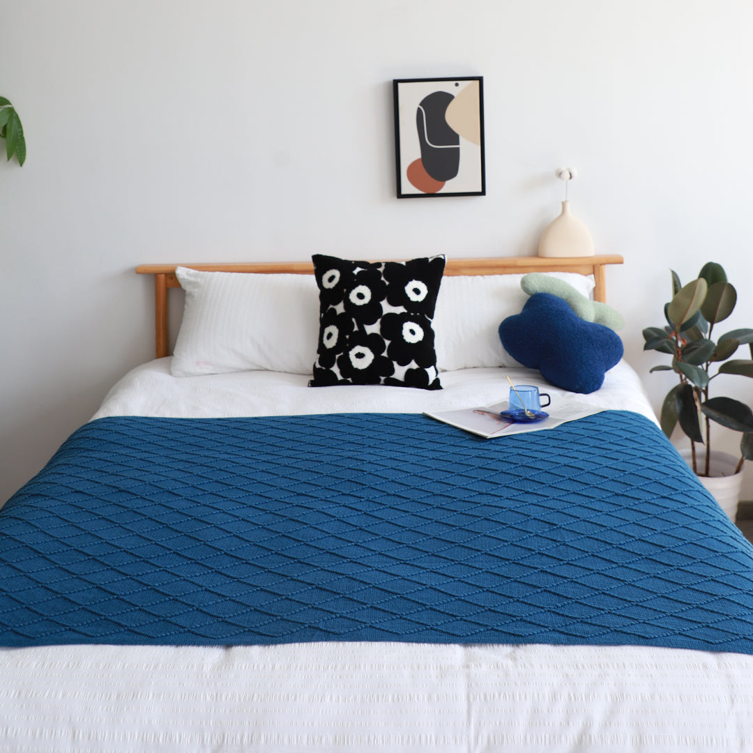 2X Royal Blue Diamond Pattern Knitted Throw Blanket Warm Cozy Woven Cover Couch Bed Sofa Home Decor with Tassels