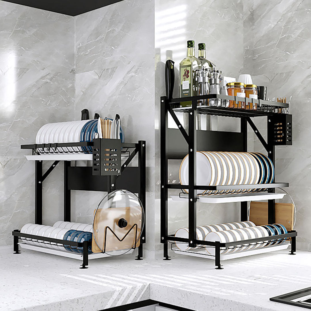 2X 3 Tier Steel Black Kitchen Countertop Drying Rack Dish Plate Cutlery Cutting Board Holder Dish Drainer Kitchen Organiser