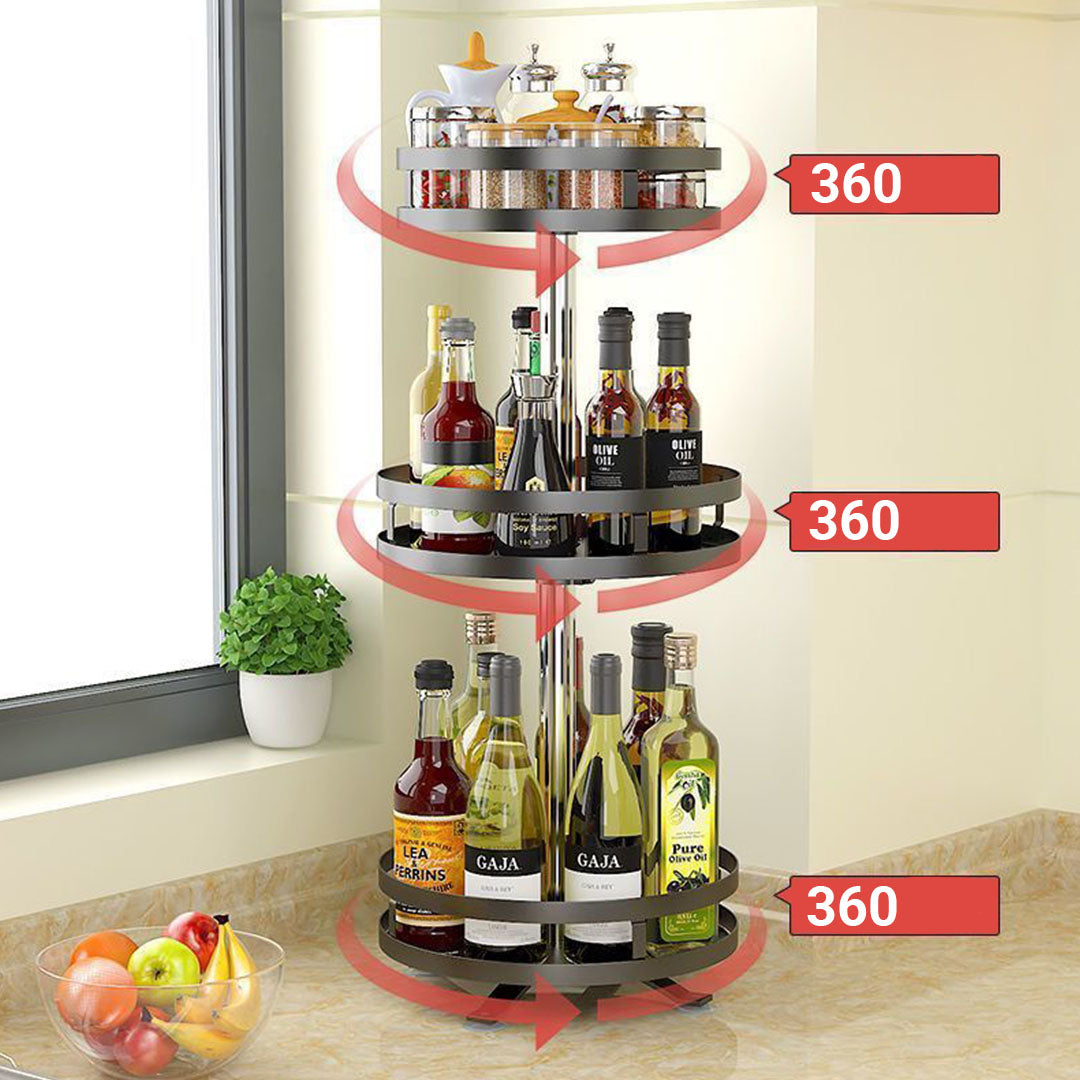 3 Tier Steel Black Round Rotating Multi-Function Kitchen Portable Storage Spice Seasoning Kitchen Countertop Organiser Shelf