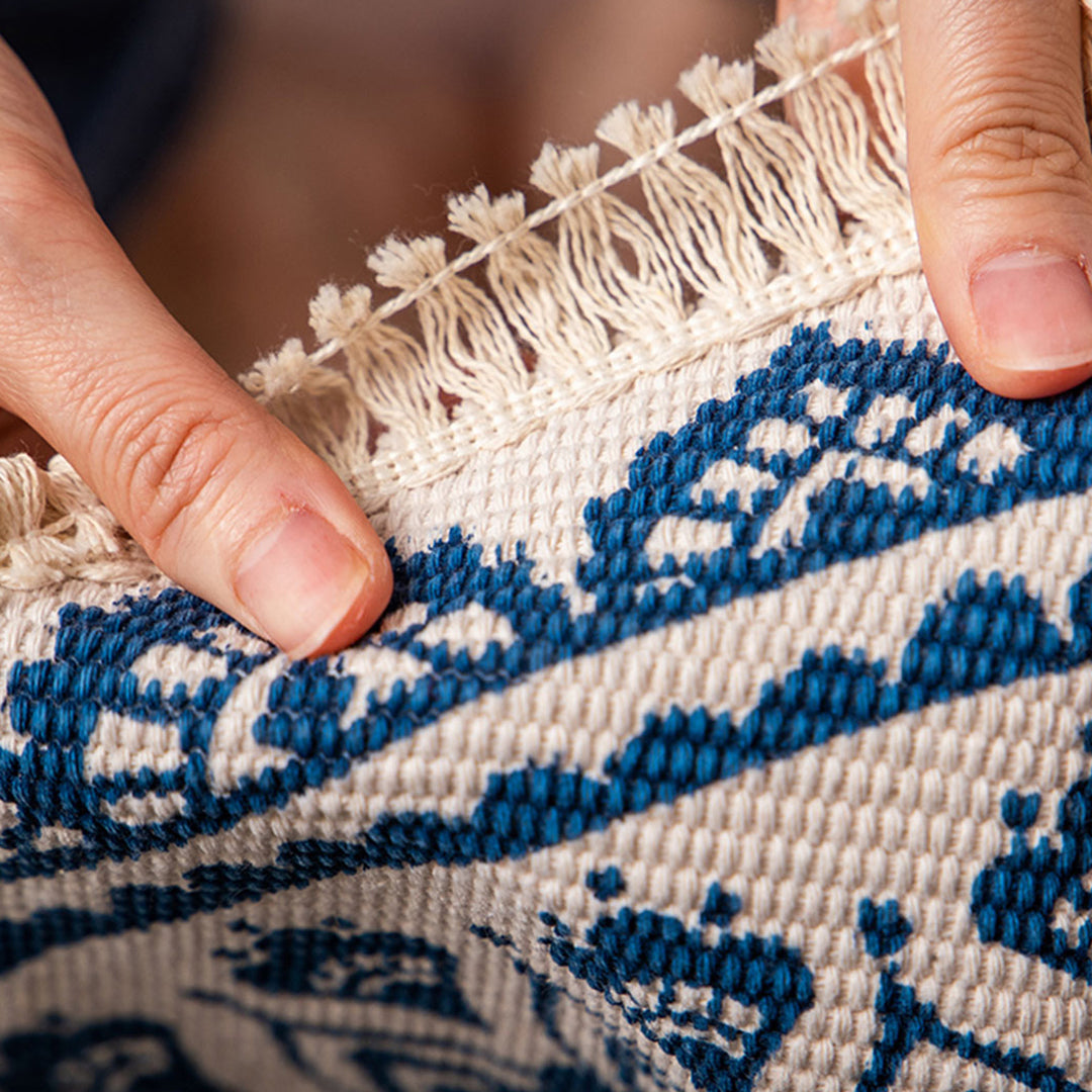 2X Blue Carpet Soft Linen Bohemian Non-Slip Floor Retro Minimalist Round Rug Home Decor with Tassels