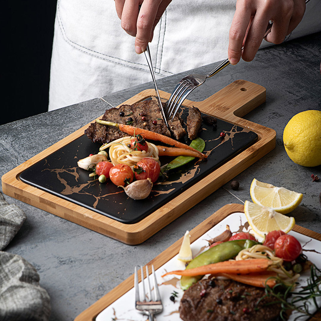 Soga 2 X 33.5cm Black Square Wooden Serving Tray Slate Steak Serving Platter Chopping Board Paddle Home Decor