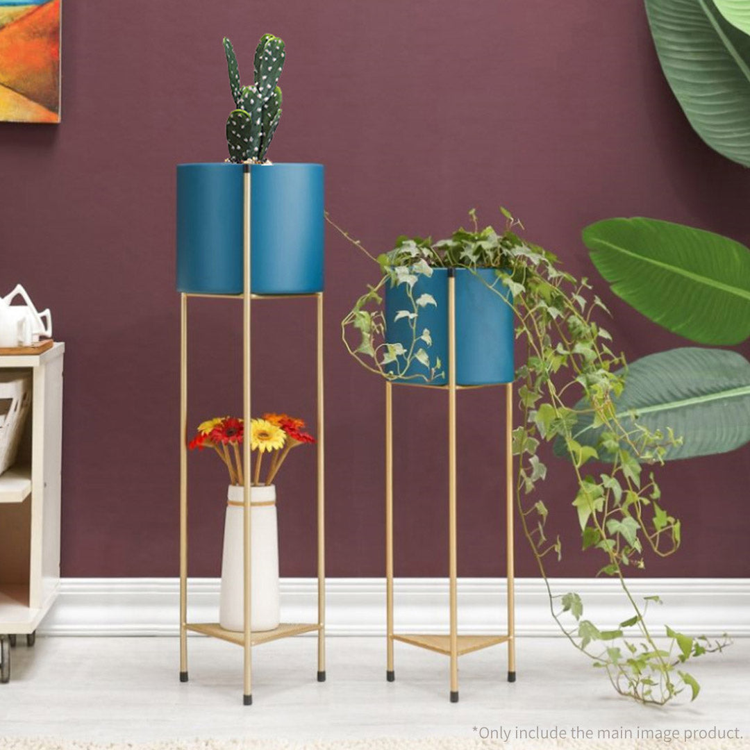 Soga 2 X 2 Layer 81cm Gold Metal Plant Stand With Blue Flower Pot Holder Corner Shelving Rack Indoor Display