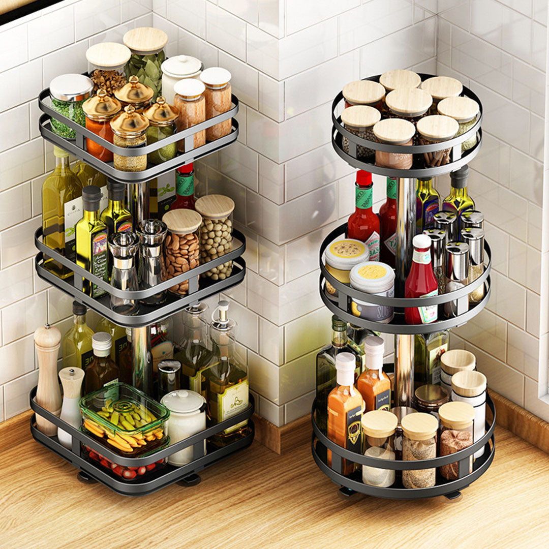 2X 3 Tier Steel Black Square Rotating Multi-Function Kitchen Portable Storage Spice Seasoning Kitchen Countertop Organiser Shelf