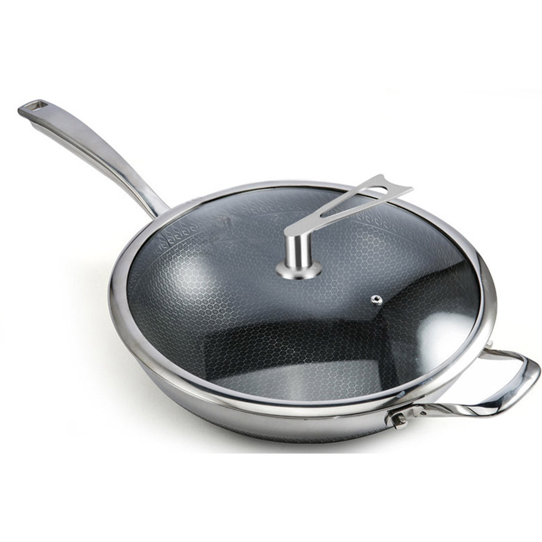 Soga 34cm Stainless Steel Tri Ply Frying Cooking Fry Pan Textured Non Stick Skillet With Glass Lid And Helper Handle