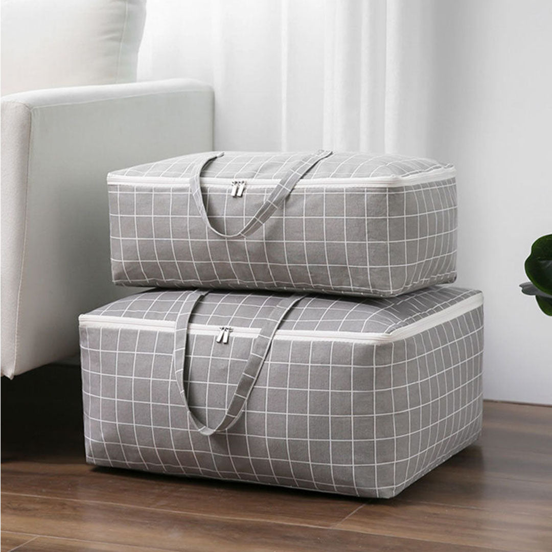 2X Grey Plaid Medium Storage Luggage Bag Double Zipper Foldable Travel Organiser Essentials