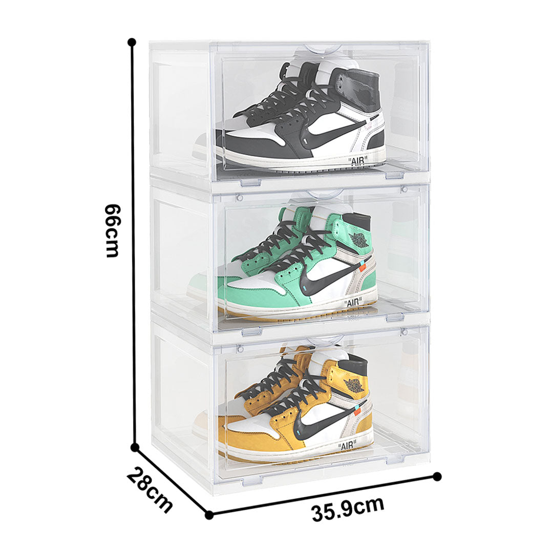 2X 3 Tier Transparent Portable Shoe Organiser Sneaker Footwear Folding Plastic Bin Stackable Storage Box with Magnetic Door