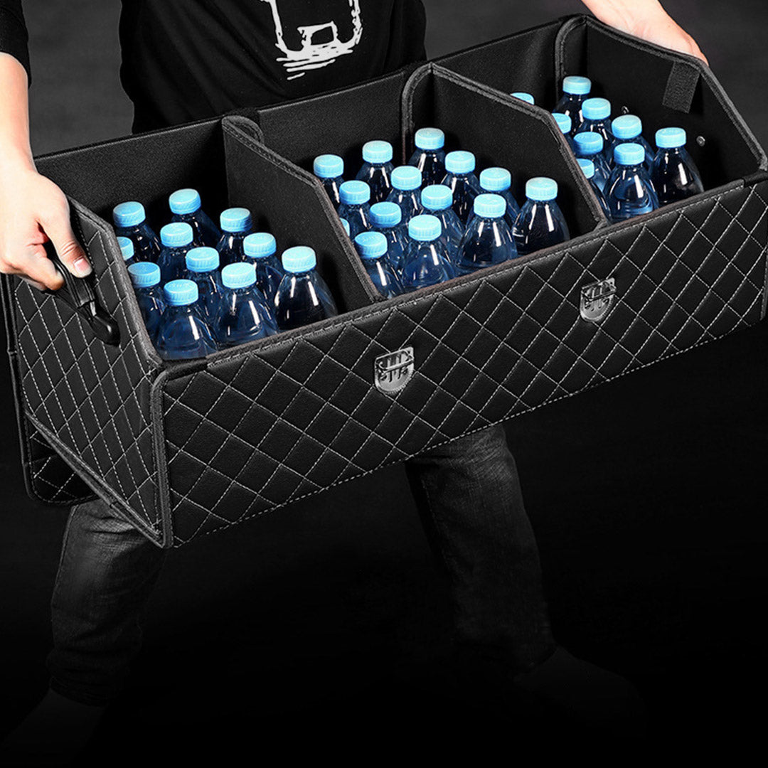 Soga Leather Car Boot Collapsible Foldable Trunk Cargo Organizer Portable Storage Box Black/White Stitch With Lock Large