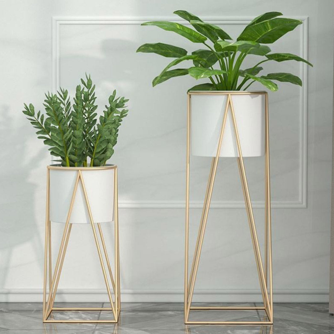 Soga 2 X 50cm Gold Metal Plant Stand With White Flower Pot Holder Corner Shelving Rack Indoor Display