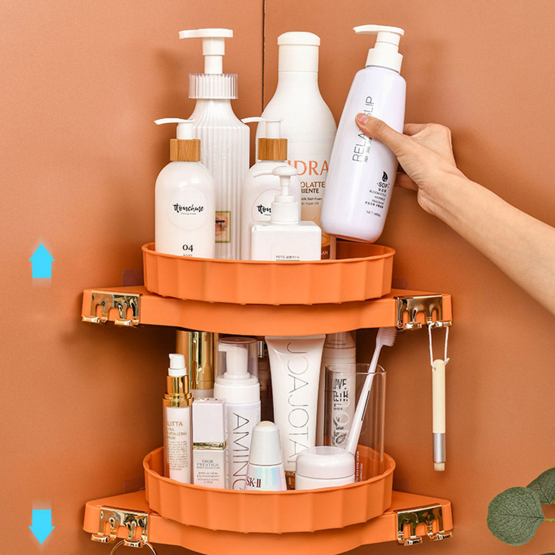 2X Orange 360 Degree Wall-Mounted Rotating Bathroom Organiser Corner Vanity Rack Toilet Adhesive Storage Shelf