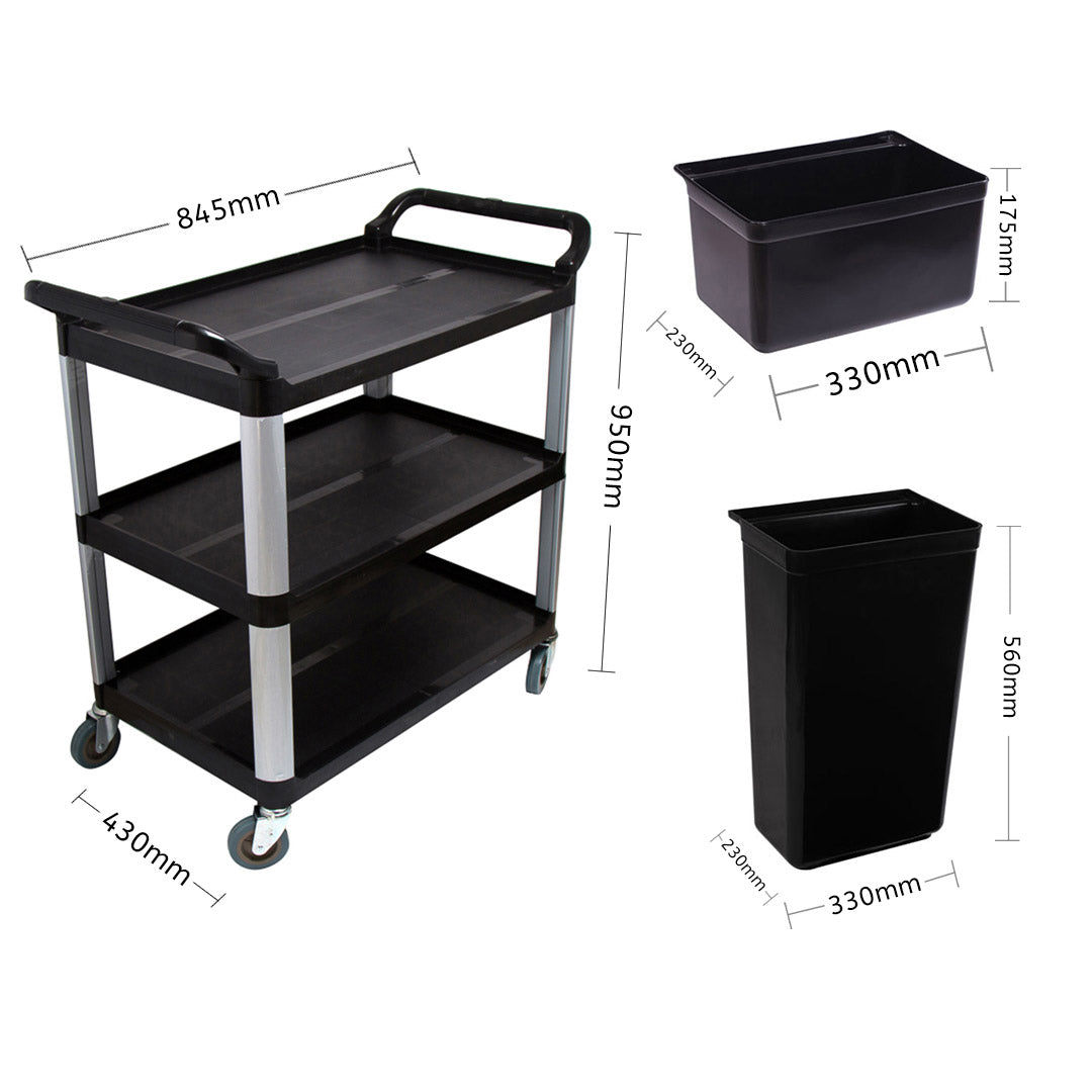 Soga 3 Tier 83x43x95cm Food Trolley Food Waste Cart With Two Bins Storage Kitchen Black Small