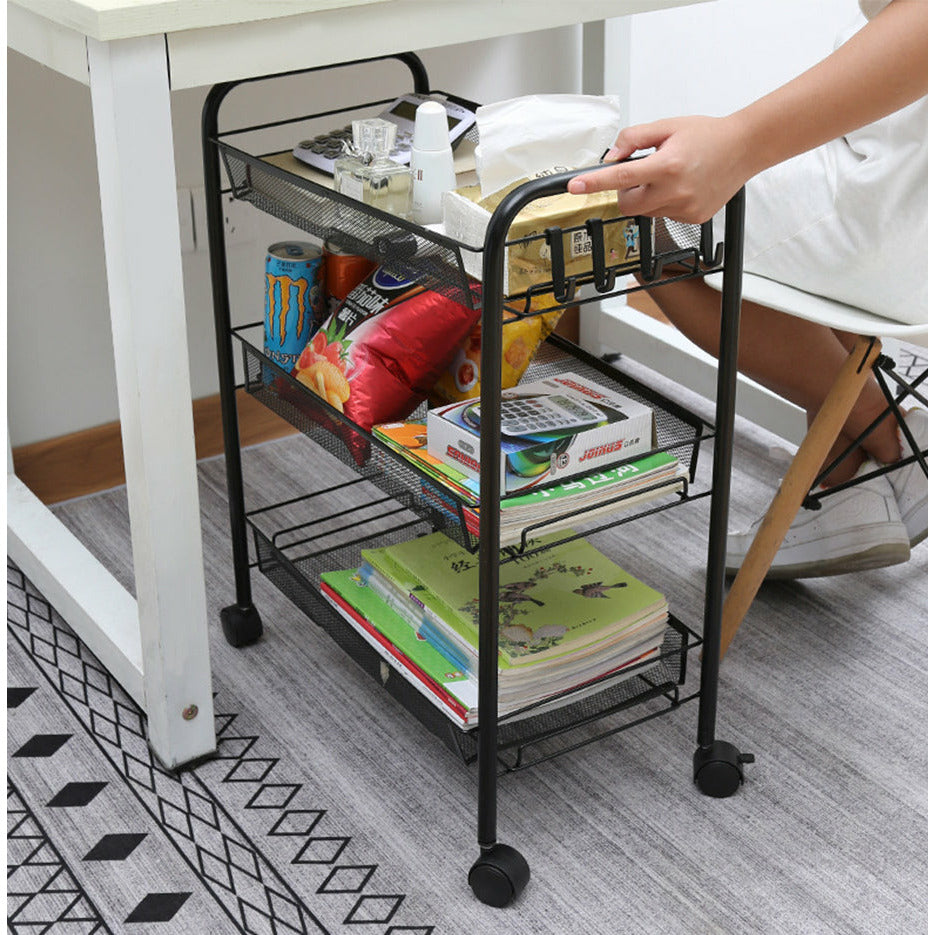 Soga 3 Tier Steel Black Bee Mesh Kitchen Cart Multi Functional Shelves Portable Storage Organizer With Wheels