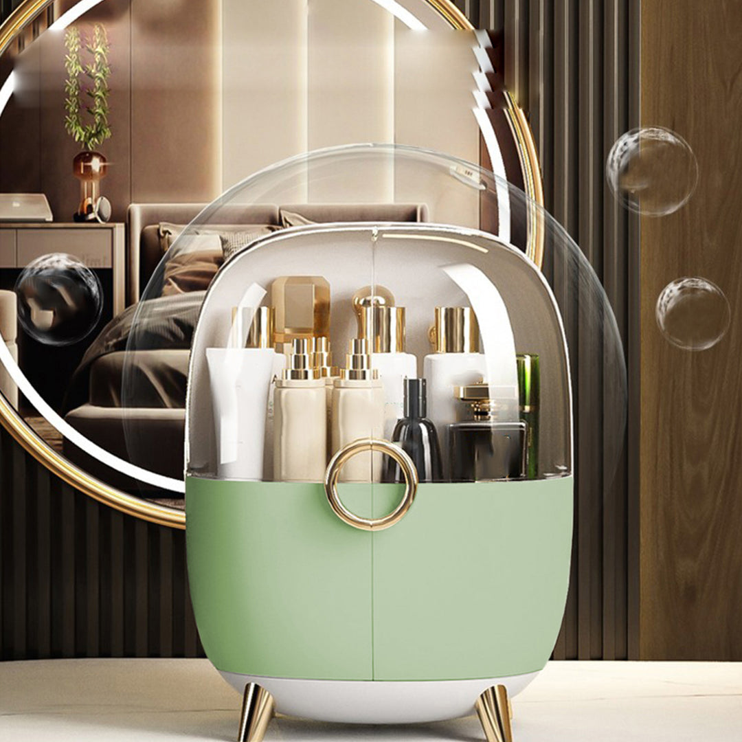 Green Transparent Countertop Makeup Organiser Cosmetic Storage Waterproof Dustproof Bathroom Skincare Holder with Lid